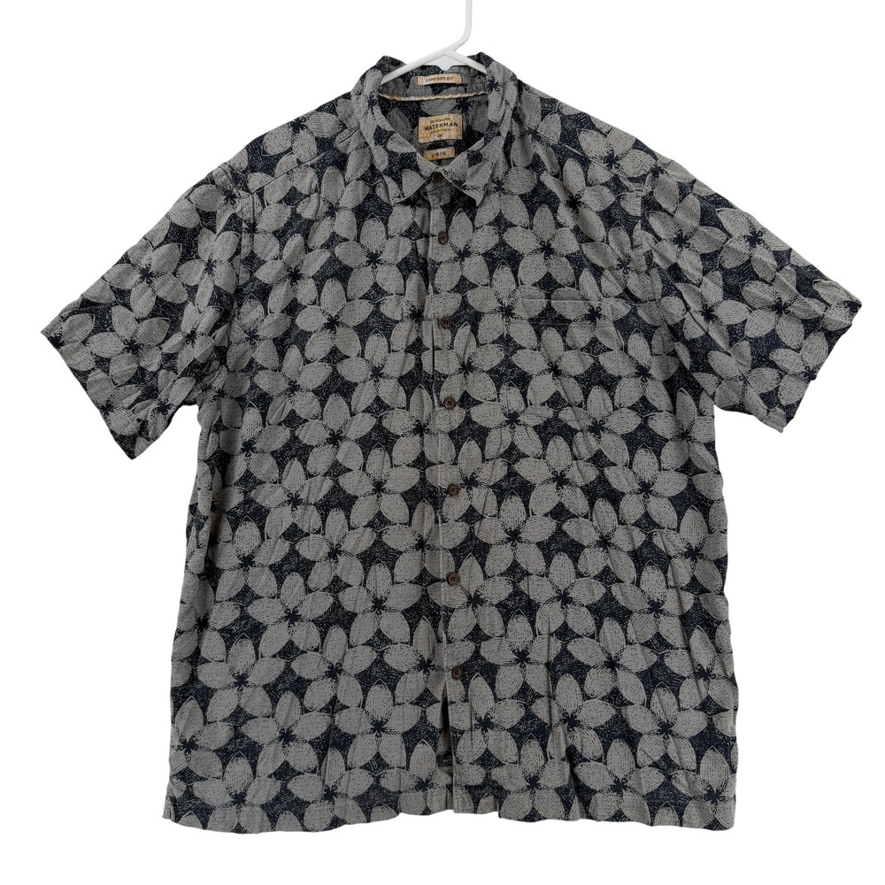 Quiksilver Waterman Shirt Mens Large Gray Floral Hawaiian Button Up Casual Woven